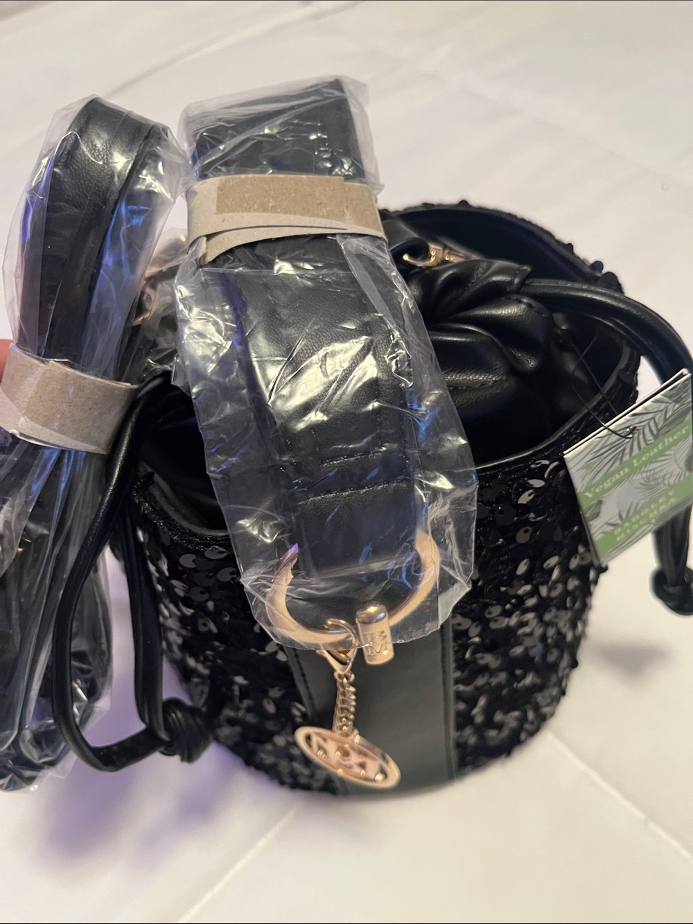 Badgley Mischka Black Sequin Bucket Bag with Gold Accent NWT Retail 159$
